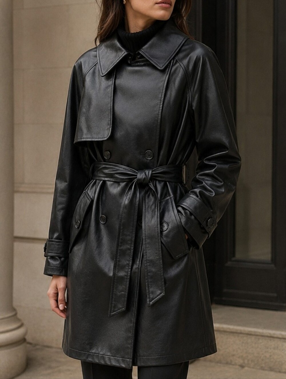 Avec Les Filles Black Faux Leather Belted Trench Coat M Dark Academia Chic Style